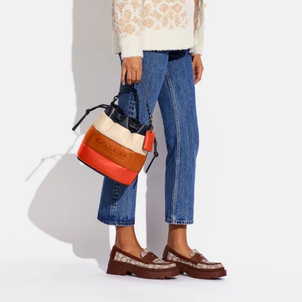 Coach RETAIL Colorblock Pillow Quilted Field Bucket Bag - Orange Cream Tan Navy - Picture 6 of 17